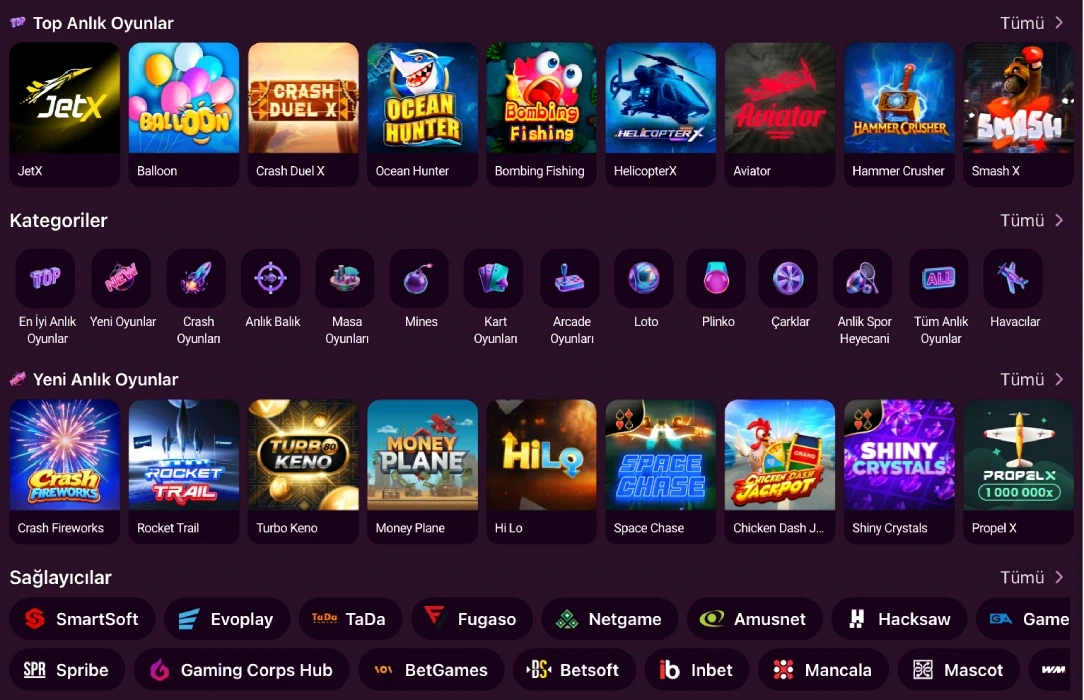 The Instant Games list under the Casino Lobby featuring crash-style titles such as JetX, Aviator and Ocean Hunter